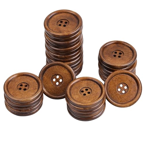 YAKA Runde Holzknöpfe mit 4 Löchern zum Nähen von Kleidung, Nähknöpfe zum Basteln, 4 cm, Braun, 40 Stück von YAKA