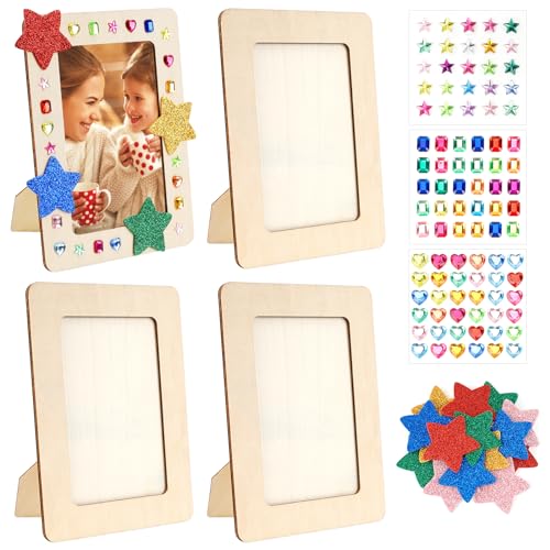 Holz Bilderrahmen 4 Stück 14 x 19cm Bilderrahmen zum Basteln, DIY Holz Bastelrahmen mit Selbstklebende Glitzersteine Sticker, Unbehandelter Holzrahmen für Kinder Tischdisplays Handwerk Malprojekte von YAMOOCO
