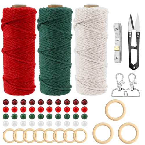 YAKLEE Weihnachten DIY Makramee Garn Set, 3 Rollen Natur Makramee Baumwollgarn 3mm x 50m mit Holzringe Holzperlen, Bunt Makramee Bastelset für Weihnachten Anhänger Wandbehang Deko(Weiß + Rot + Grün) YAKLEE Weihnachten DIY Makramee Garn Set, 3 Rollen Natur Makramee Baumwollgarn 3mm x 50m mit Holzringe Holzperlen, Bunt Makramee Bastelset für Weihnachten Anhänger Wandbehang Deko(Weiß + Rot + Grün) von YAKLEE