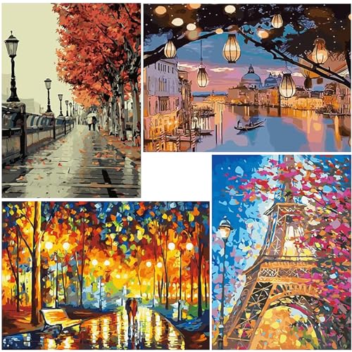 YALKIN 4 Packungen Malen nach Zahlen für Erwachsene, DIY-Landschaft mit Pinseln und Acrylfarben, 30 x 40 cm, flammenloses Ölgemälde-Set als Geschenk für Freunde, Weihnachten YALKIN 4 Packungen Malen nach Zahlen für Erwachsene, DIY-Landschaft mit Pinseln und Acrylfarben, 30 x 40 cm, flammenloses Ölgemälde-Set als Geschenk für Freunde, Weihnachten von YALKIN