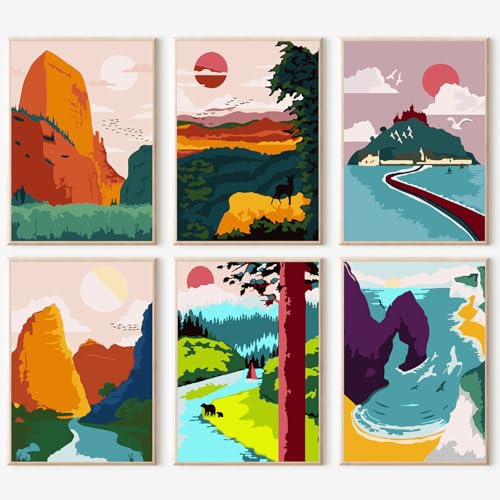 YALKIN 6 Stück Malen Nach Zahlen Erwachsene, Paint by Numbers Malen Nach Zahlen, DIY Landschaft mit Pinseln und Acrylfarben Handgemalt Ölgemälde Leinwand für Home Décor, Ohne Rahmen (20x30cm) von YALKIN