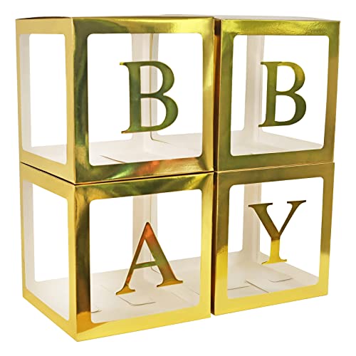 Baby Dusche Dekoration Boxen für Jungen Mädchen, 4Pcs Gold transparente Ballon Boxen Baby Buchstaben Dekorativ von YALLOVE