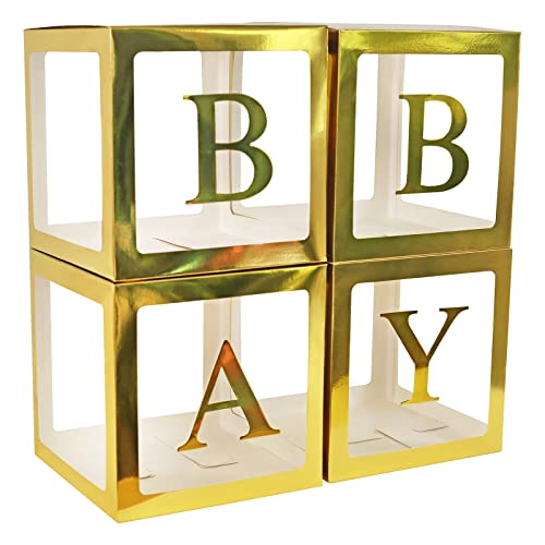 Baby Dusche Dekoration Boxen für Jungen Mädchen, 4Pcs Gold transparente Ballon Boxen Baby Buchstaben Dekorativ von YALLOVE