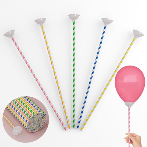 YALLOVE Papierballonstäbe, gestreift, Ballonhalter und Becher für Geburtstag, Babyparty, Dekoration, 100 Stück von YALLOVE