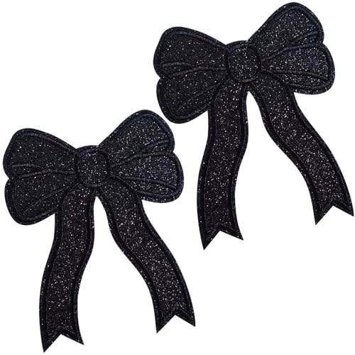 YALOJE 2 x Glitzer-Schleifen-Aufnäher zum Aufbügeln, große Schleife, Reparatur, Dekoration, Paches, niedliche Schleife, bestickte Applikation für Rucksäcke, Jacken, Jeans, Schwarz von YALOJE