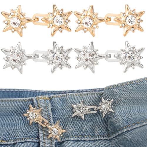 YALOJE 4 Sets Jeans-Taillenstraffer, verstellbare Strass-Stern-Hosen-Taillenstraffer, kein Nähen, abnehmbare Sternknopfnadel-Clips für Damen, Rock, Jeans, lockere Taille, Gold, Silber von YALOJE