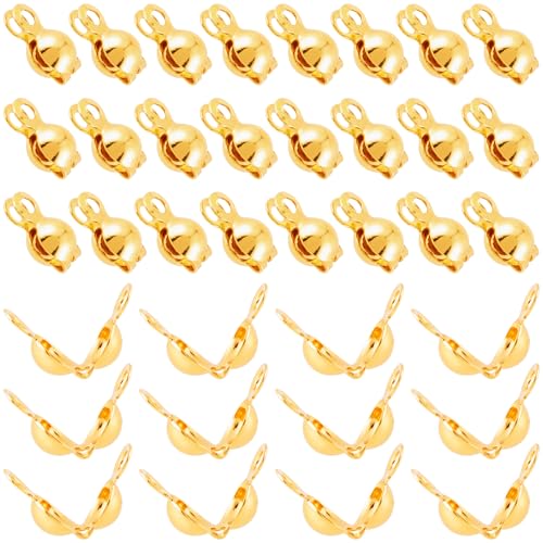 YALOJE 50 Stück 4 mm Quetschperlen für Schmuckherstellung, 18 Karat vergoldete Knotenabdeckungen für Armbänder, Clamshell-Perlenspitzen, Knotenabdeckung, umklappbare Perlenabdeckungen für von YALOJE