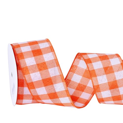 Kariertes Band, 6,4 cm x durchgehend, 9,1 m, Büffelkaro, Orange und Weiß, kariertes Band für Weihnachtsbaumschleife, Geschenkverpackungen von YAMA