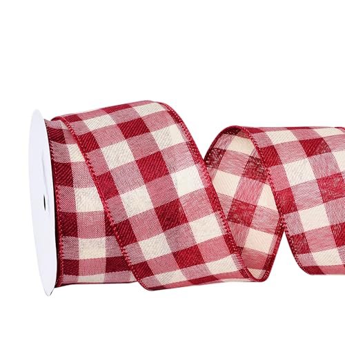 Kariertes Band, 6,4 cm x durchgehend, 9,1 m, Büffelkaro, Weinrot und Weiß, kariertes Band für Weihnachtsbaumschleife, Geschenkverpackungen von YAMA