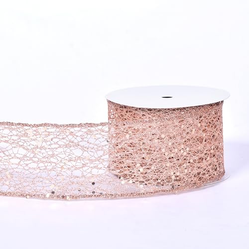 YAMA Champagner-Glitzer-Drahtband, 6,3 cm, 9,1 m, Champagnerfarbenes glitzerndes Netzband für Geschenkverpackungen, Basteln, Weihnachtsbaum, Halloween-Kränze, Partyschleifen YAMA Champagner-Glitzer-Drahtband, 6,3 cm, 9,1 m, Champagnerfarbenes glitzerndes Netzband für Geschenkverpackungen, Basteln, Weihnachtsbaum, Halloween-Kränze, Partyschleifen von YAMA