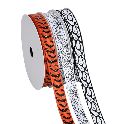 YAMA Halloween-Ripsband, dünn, 1,9 cm, insgesamt 30 Meter, Geisterfledermaus, Spinnennetze, Ripsband, Halloween-Bänder für Geschenkverpackungen, Bastelarbeiten (Orange/Schwarz) von YAMA