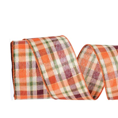 YAMA Juteband mit Draht, 6,3 cm x 9,1 m, orangefarbenes Büffelkariertes Band, für Herbstkränze, Thanksgiving, Halloween, Party, dekorativ (B) von YAMA