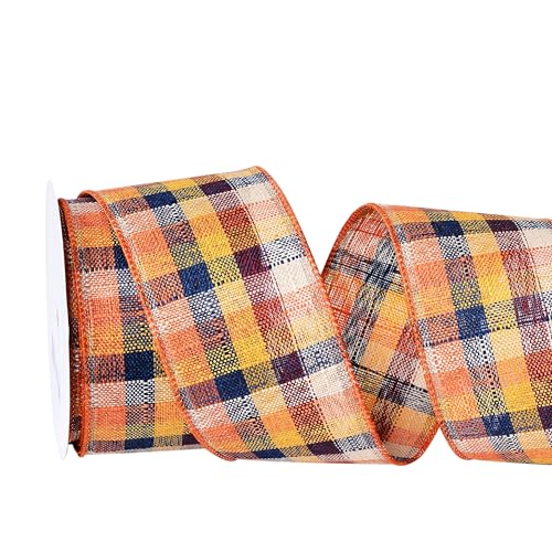 YAMA Juteband mit Draht, 6,3 cm x 9,1 m, orangefarbenes Büffelkariertes Band, für Herbstkränze, Thanksgiving, Halloween, Party, dekorativ (C) von YAMA