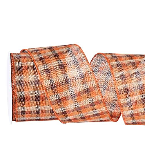 YAMA Juteband mit Draht, 6,3 cm x 9,1 m, orangefarbenes Büffelkariertes Band, für Herbstkränze, Thanksgiving, Halloween, Party, dekorativ (D) von YAMA
