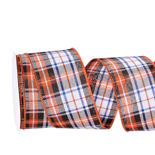 YAMA Juteband mit Draht, 6,3 cm x 9,1 m, orangefarbenes Büffelkariertes Band, für Herbstkränze, Thanksgiving, Halloween, Party, dekorativ (E) von YAMA