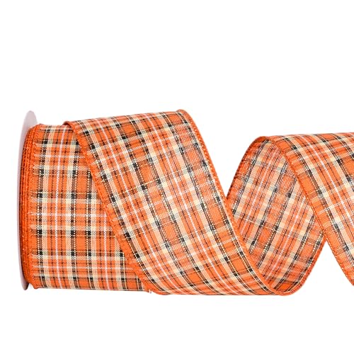 YAMA Juteband mit Draht, 6,3 cm x 9,1 m, orangefarbenes Büffelkariertes Band, für Herbstkränze, Thanksgiving, Halloween, Party, dekorativ (F) von YAMA