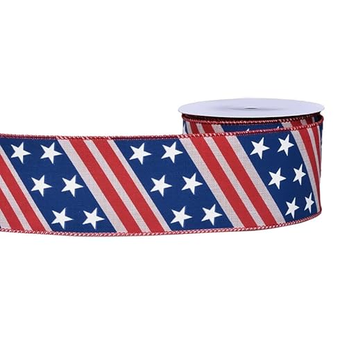 YAMA Patriotisches Band mit Draht, 1 Rolle, 9,1 m, 6,3 cm, rot, weiß und blau, Unabhängigkeitstag, Sterne, Band für Geschenkverpackungen, Kranz, Schleifen, DIY Handwerk (A) von YAMA