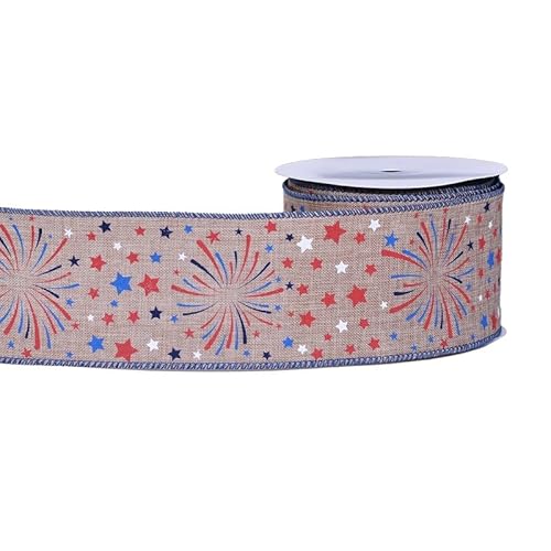 YAMA Patriotisches Band mit Draht, 1 Rolle, 9,1 m, 6,3 cm, rot, weiß und blau, Unabhängigkeitstag, Sterne, Band für Geschenkverpackungen, Kranz, Schleifen, DIY Handwerk (B) von YAMA