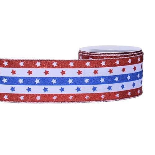 YAMA Patriotisches Band mit Draht, 1 Rolle, 9,1 m, 6,3 cm, rot, weiß und blau, Unabhängigkeitstag, Sterne, Band für Geschenkverpackungen, Kranz, Schleifen, DIY Handwerk (C) von YAMA
