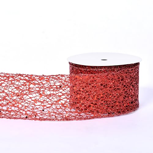YAMA Rotes Glitzerband, Drahtband, 6,3 cm, 9,1 m, rotes Netzband für Geschenkverpackungen, Basteln, Weihnachtsbaum, Halloween-Kränze, Partyschleifen von YAMA