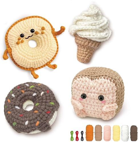 YAMAXIN Häkelset für Anfänger, Häkelanfängerset mit Schritt-für-Schritt-Videoanleitungen, Häkelanfängerset für Erwachsene mit Garn (4 Stück Buttertoast, Brot, Krapfen, Eiscreme) von YAMAXIN