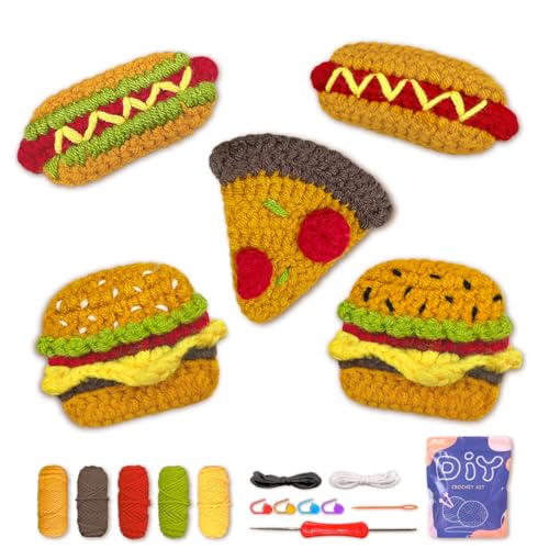 YAMAXIN Häkelset für Anfänger, Häkelanfängerset mit Schritt-für-Schritt-Videoanleitungen, Häkelanfängerset für Erwachsene mit Garn (5 Stück Pizza, Hamburger, Hot Dogs) von YAMAXIN