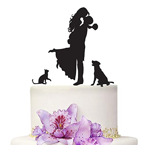 YAMI COCU Hochzeitstortenaufsatz Braut und Bräutigam mit Hund und Katze Tier Schwarz Silhouette Hochzeit Party Verlobung Dekoration Liebe von YAMI COCU