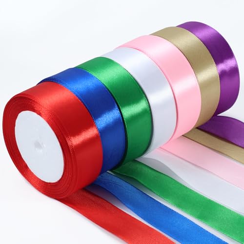 7 Rollen Satinband 25 mm x 22 m– Buntes Geschenkband aus Polyester in Weiß, Rot, Grün, Lila, Blau, Rosa, Gold – Schleifenband für Geschenkverpackung, Weihnachten, Geburtstag, Hochzeit & Basteln von YAMXIN