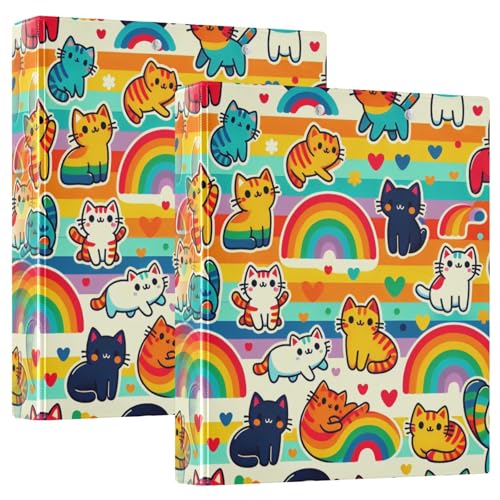 YANENDIE 3-Ringbuch mit niedlichem Regenbogen-Katzenmotiv, 3,8 cm, runde Ringe für 200 Blatt, robustes 3-Ringbuch mit Klemmbrett, für Heimbürobedarf, 2 Stück von YANENDIE