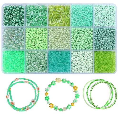 YANGMUM Stiftperlen, 2 mm, 3 mm, 4 mm, Armbandperlen zur Schmuckherstellung, Glasperlen, Röhrenperlen, 5 mm, grün, Set, lose 15 Farben, ca. 4500 Stück, für selbstgemachte Halsketten, Ohrringe von YANGMUM