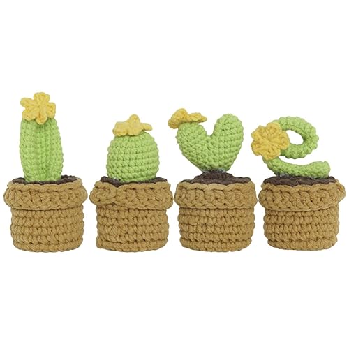 YANGSHINE 4 Stück Mini-Topf-Sukkulenten, handgefertigte Häkelblumen, gestrickte Kaktusblüten für Zuhause, Büro, Auto, Armaturenbrett, Dekoration, Farbe #13 von YANGSHINE