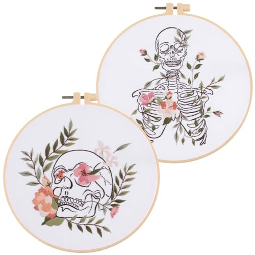 YANGSHINE Stickset für Anfänger, Motiv: Blume mit Totenkopf-Muster, Kreuzstich-Set, einschließlich Stickrahmen, Stoff, Farbfäden, Nadeln, Anleitung und Werkzeugset, 2 Sets von YANGSHINE