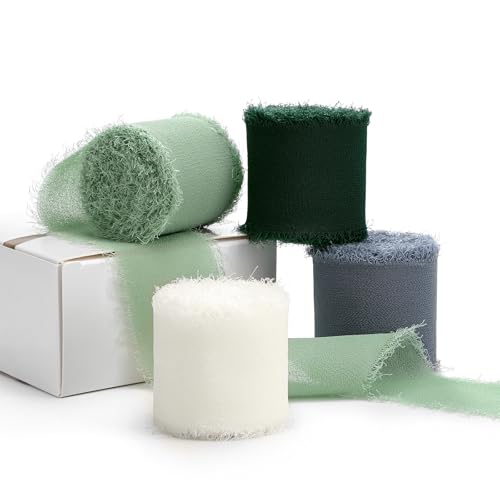 YANGTE Handgefertigtes Chiffon-Fransenband, 4 Farben, 3,8 cm x 28 m, ausgefranste Kanten, Bänder für Hochzeitseinladungen, Brautsträuße, Bastelarbeiten, Heimdekoration, Geschenkverpackungen (Elfenbein von YANGTE