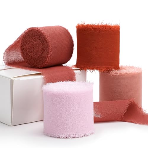 YANGTE Handgefertigtes Chiffon-Seidenband, Fransen, 3,8 cm x 4 Rollen, insgesamt 28 m, ausgefranste Kanten, Bänder für Geschenkverpackungen, Hochzeitseinladungen, Brautsträuße, Bastelarbeiten von YANGTE