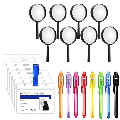 YANGUN 24stk Detektive Lupe Kinder Set, 8 Stück Lupen Spielzeug und 8 Stück Detektivausweis Ausweise mit Clip, 8 Stück Geheimstift mit UV Licht Kinder, Detektive Lupe Set für Kindergeburtstag von YANGUN