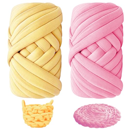 YANGUN Armstricken Wolle, 2 Stk Chunky Yarn, 500g/25m dicke wolle zum handstricken, Anfänger für Taschen, Decken, Körbe, Rucksack，Haustiernester, DIY-Kunsthandwerk (Rosa, Gelb) von YANGUN