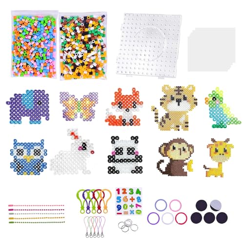 YANGUN Bügelperlen Set 10mm, 1000 Stück bügelperlen groß, 10 Muster und Bügelpapier, DIY Steckperlen mit Platten Zubehör Muster, Kreatives Perlenset Geschenk für Kinder ab 3 Jahren (Tierdrucke) von YANGUN