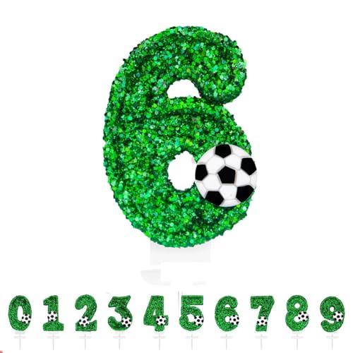 YANGWEN 3D Geburtstagskerzen Zahlen – Fußball-Grüne Glitzerkerzen als Kuchendeko (Zahl 6) für Jungen & Mädchen, Geburtstagsparty, Kuchen-Topper & Tischdeko von YANGWEN
