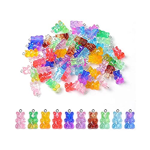 YANGWEN 50 Stücke Gummibärchen Anhänger, 10 Farben Gummiartig Resin Bär Schlüsselanhänger für DIY Halskette Armband Kinder Mädchen von YANGWEN