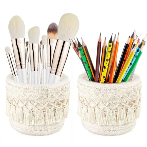 YANJINGHE 2 Stück Make-up-Pinselhalter, Geflochtener Mini-Korb, 10x10cm - Organizer, Kosmetikorganiser, Boho-Stil Aufbewahrungsbox für Kosmetikpinsel, Stifte, Bleistifte und Accessoires (Weiß) von YANJINGHE