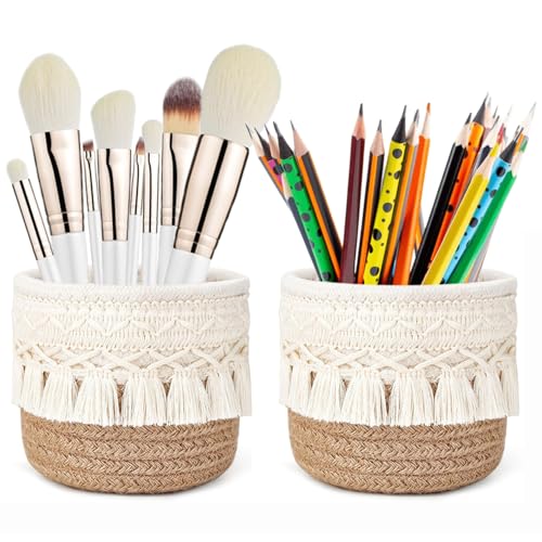 YANJINGHE 2 Stück Make-up-Pinselhalter, Geflochtener Mini-Korb, 10x10cm - Organizer, Kosmetikorganiser, Boho-Stil Aufbewahrungsbox für Kosmetikpinsel, Stifte, Bleistifte und Accessoires (Weiß+Khaki) von YANJINGHE