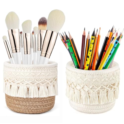YANJINGHE 2 Stück Make-up-Pinselhalter, Geflochtener Mini-Korb, 10x10cm - Organizer, Kosmetikorganiser, Boho-Stil Aufbewahrungsbox für Kosmetikpinsel, Stifte, Bleistifte und Accessoires (Weiß, Khaki) von YANJINGHE