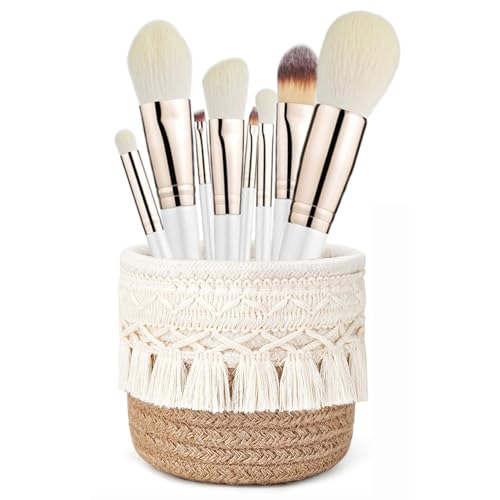 YANJINGHE Make-up-Pinselhalter, Geflochtener Mini-Korb, 10x10cm - Organizer, Kosmetikorganiser, Boho-Stil Aufbewahrungsbox für Kosmetikpinsel, Stifte, Bleistifte und Accessoires (Weiß+Khaki) von YANJINGHE