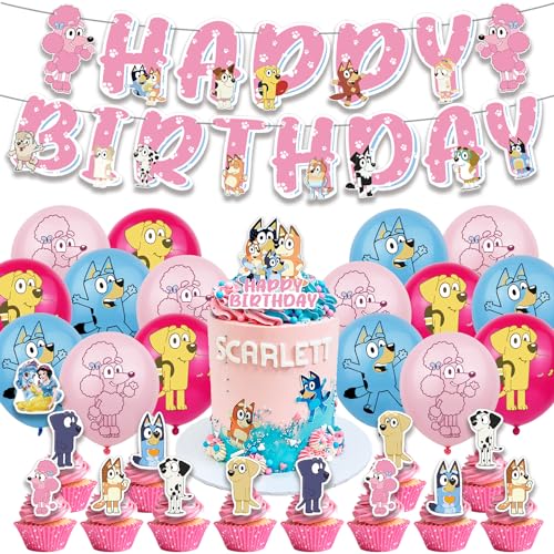 Bluey Dog Geburtstagsparty-Zubehör, Bluey Dog Dekorationen umfassen Banner, Kuchenaufsätze, Luftballons für Kinder, Babyparty, Geburtstagsparty von YANLI