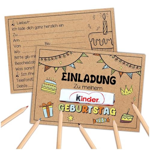 YANSYUN 15 Kraftpapier Einladungskarten Kindergeburtstag Mädchen Junge mit Buntstifte Klebestreifen Geburtstagseinladungen Mädchen Jungen mit Geburtstagstortenmuster OHNE Kinderschokolade von YANSYUN
