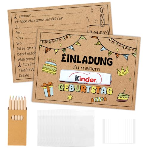 YANSYUN 15 Kraftpapier Einladungskarten Kindergeburtstag Mädchen Junge mit Buntstifte Klebestreifen Geburtstagseinladungen Mädchen Jungen mit Kleines Tiermuster OHNE Kinderschokolade von YANSYUN