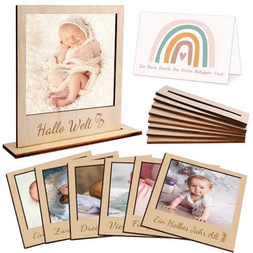 YANSYUN 15 Stück Holzrahmen Baby Geburtstagsdeko 1 Jahr mit Tischkarten, Meilenstein Fotorahmen Baby 1-12 Monate Erster Geburtstag Junge Mädchen Fotogirlande Alternative von YANSYUN