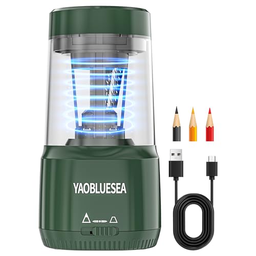 YAOBLUESEA Bleistiftspitzer Elektrisch USB Grün, Aufladbar Elektrischer Anspitzer mit Großer Behälter Auto-Stop Elektrischer Bleistiftspitzer für 6-8mm Bleistifte für Kinder Schule Büro Haushalt von YAOBLUESEA