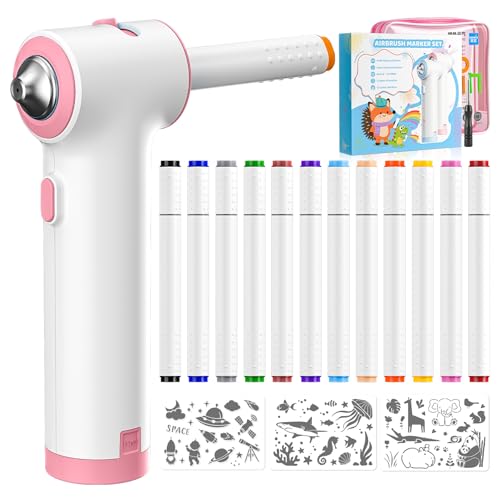 YAOBLUESEA Marker Airbrush Set, mit 12 Doppelspitzen-Marker, 3 Schablonen, 1 Airbrush, Abwaschbare Farbentfernung, für Kinder Malen, Kunstmalerei & DIY-Handwerk, Pink YAOBLUESEA Marker Airbrush Set, mit 12 Doppelspitzen-Marker, 3 Schablonen, 1 Airbrush, Abwaschbare Farbentfernung, für Kinder Malen, Kunstmalerei & DIY-Handwerk, Pink von YAOBLUESEA