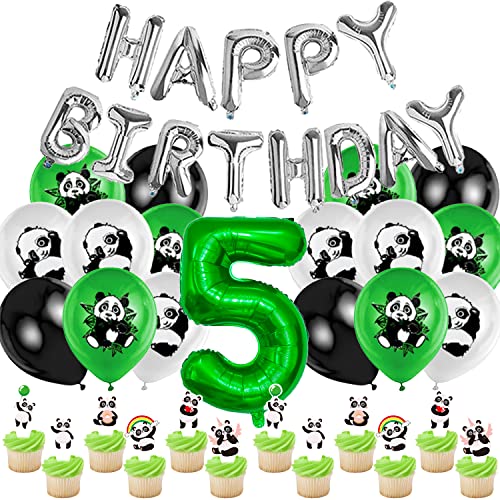 Panda 5 Jahre Geburtstag Dekoration 33 Stück,Grünen Luftballon Nummer 5,Panda Geburtstags Banner,Panda Geburtstag Luftballons,Panda Tortendeko,Panda Cake Topper,für 5 Jahre Kinder Party Dekorationen von YAOGOO